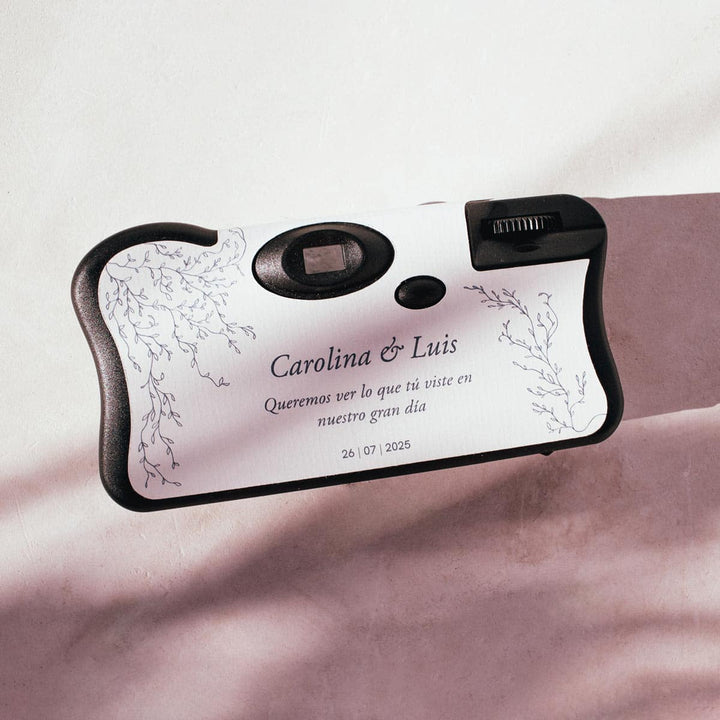 Cámara de fotos desechables para bodas diseño trasero