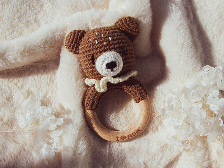 Sonajero de crochet Osito. Detalles personalizados para bautizo. Detalles hechos a mano para bebé. Sonajero personalizado. Sonajero animalitos. Sonajero sensorial.