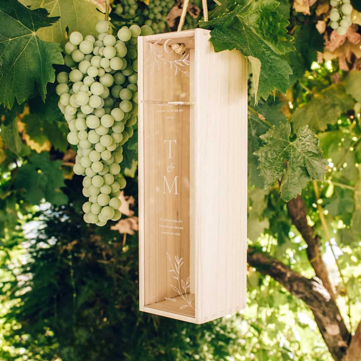 Caja de vino madera personalizada con tapa en metacrilato colgada del viñedo