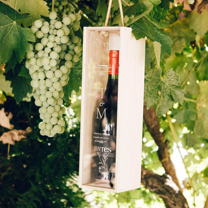 Caja de vino madera personalizada con tapa en metacrilato con botella colgada del viñedo
