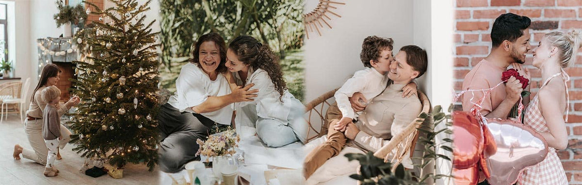 Imágenes de una madre adornando el árbol con su hijo, una madre y una hija riendo, un niño dándole un beso a su padre y una pareja disfrutando del día de San Valentín