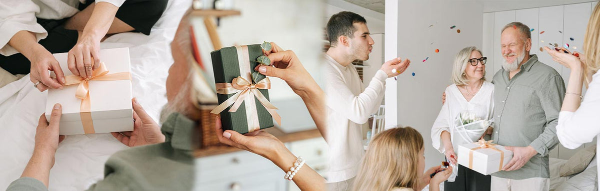 Imágenes de regalos y familia dándose los regalos