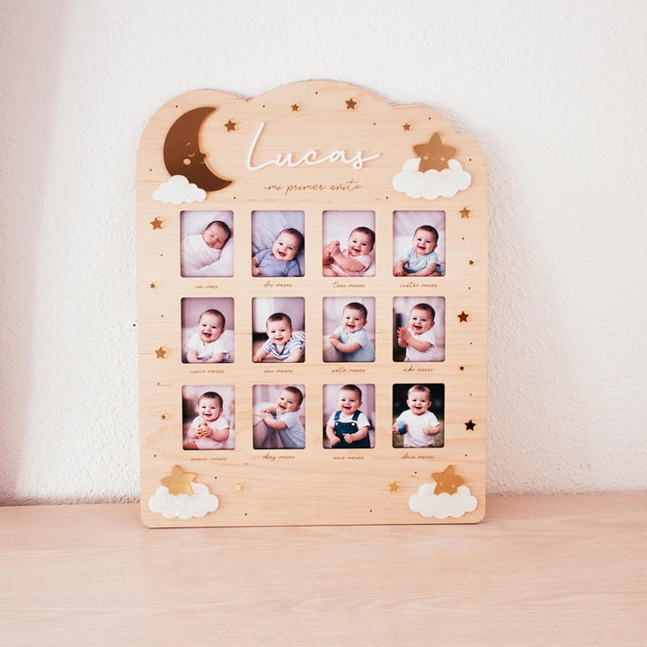 Marco de fotos de primer año para bebé en madera con diseño de luna y estrellas