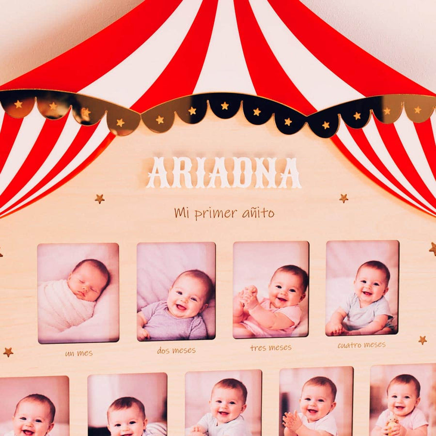 Marco de fotos primer año diseño circo plano de cerca