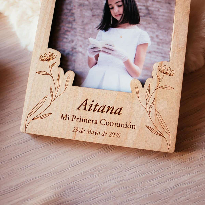 Portafotos Comunión personalizados diseño flores de cerca