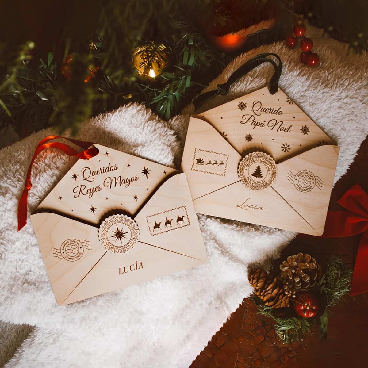 Sobres de Madera Carta de Navidad Papá Noel y Reyes Magos