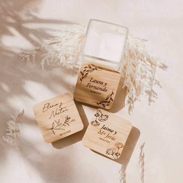 Vela aromática cuadrada personalizada boda diferentes diseños vista cenital